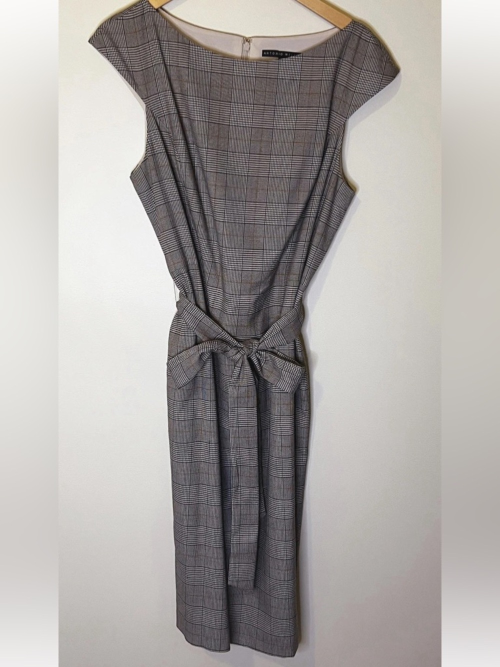 ANTONIO MELANI Gray Plaid Tie-Waist Midi Dress